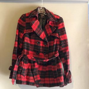 Classic red and black pattern pea coat